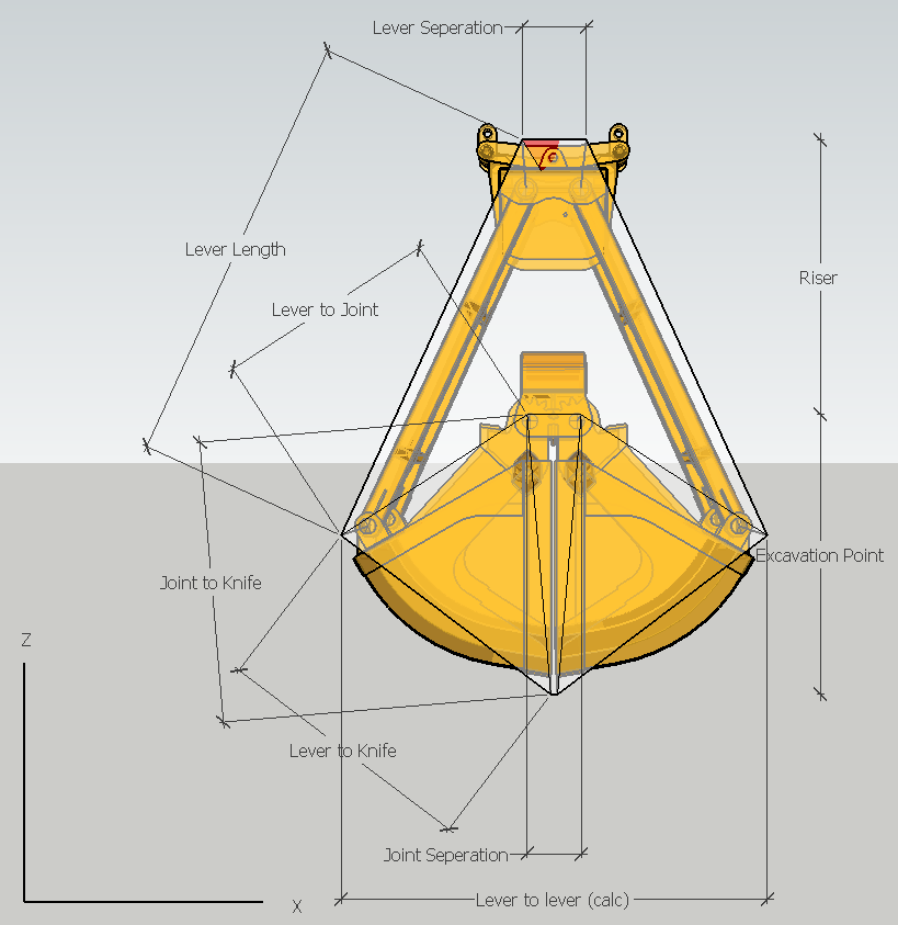 Clamshell grab dimension diagram